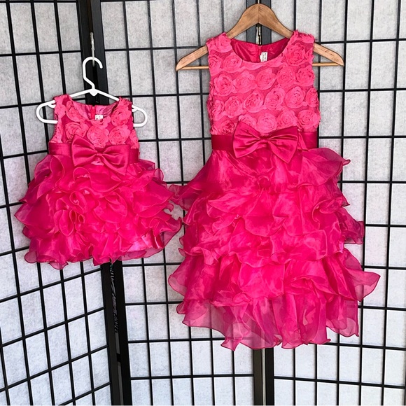 🌺 Fuchsia Princess Pageant Ball Gown w/ Floral Bodice Sz 150 sis match avail 🌺 - Picture 5 of 5